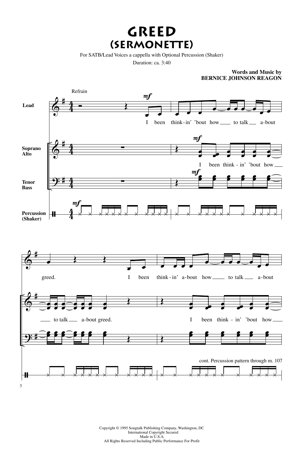 Bernice Johnson Reagon Greed Sheet Music Notes & Chords for SATB - Download or Print PDF