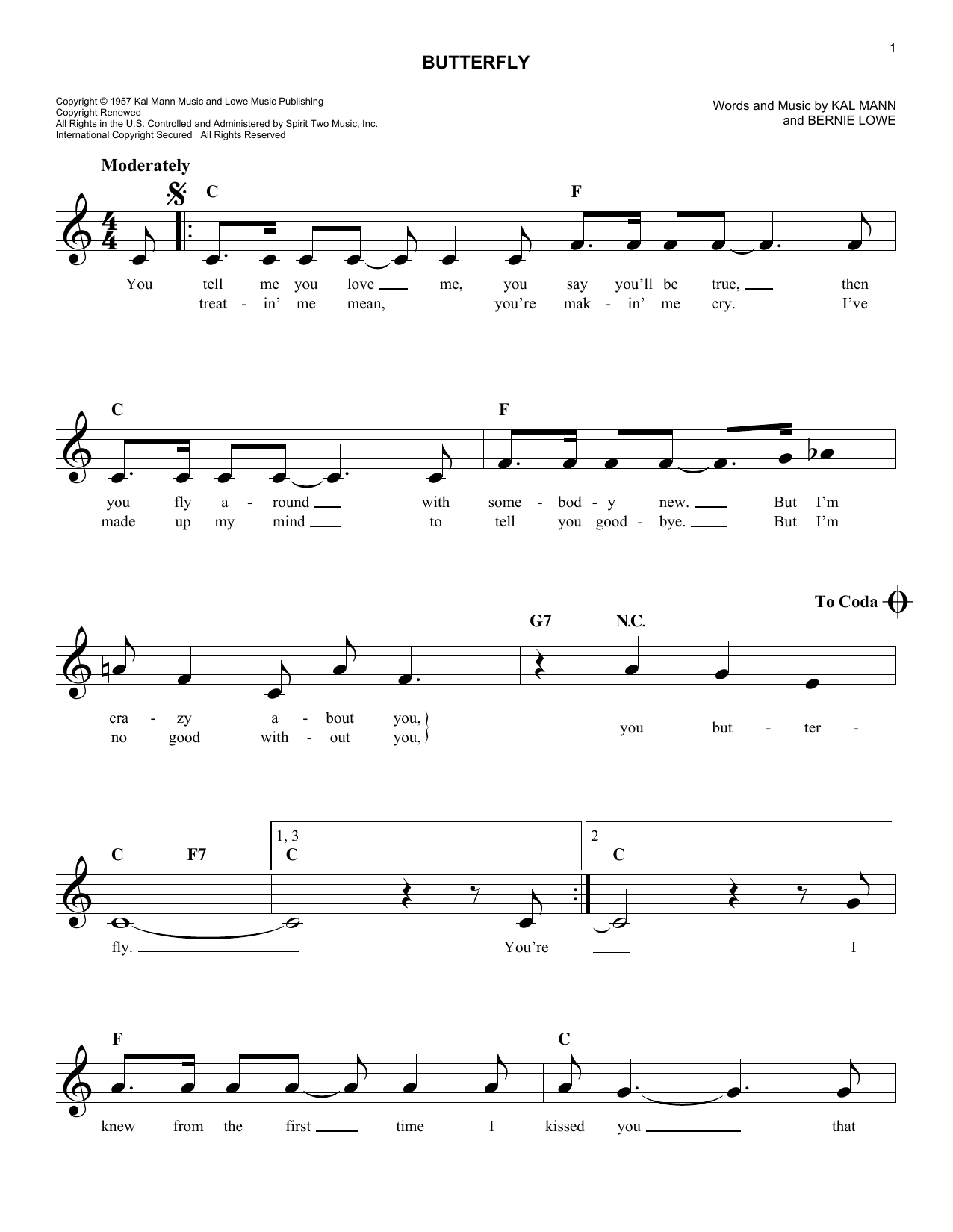 Bernie Lowe Butterfly Sheet Music Notes & Chords for Melody Line, Lyrics & Chords - Download or Print PDF