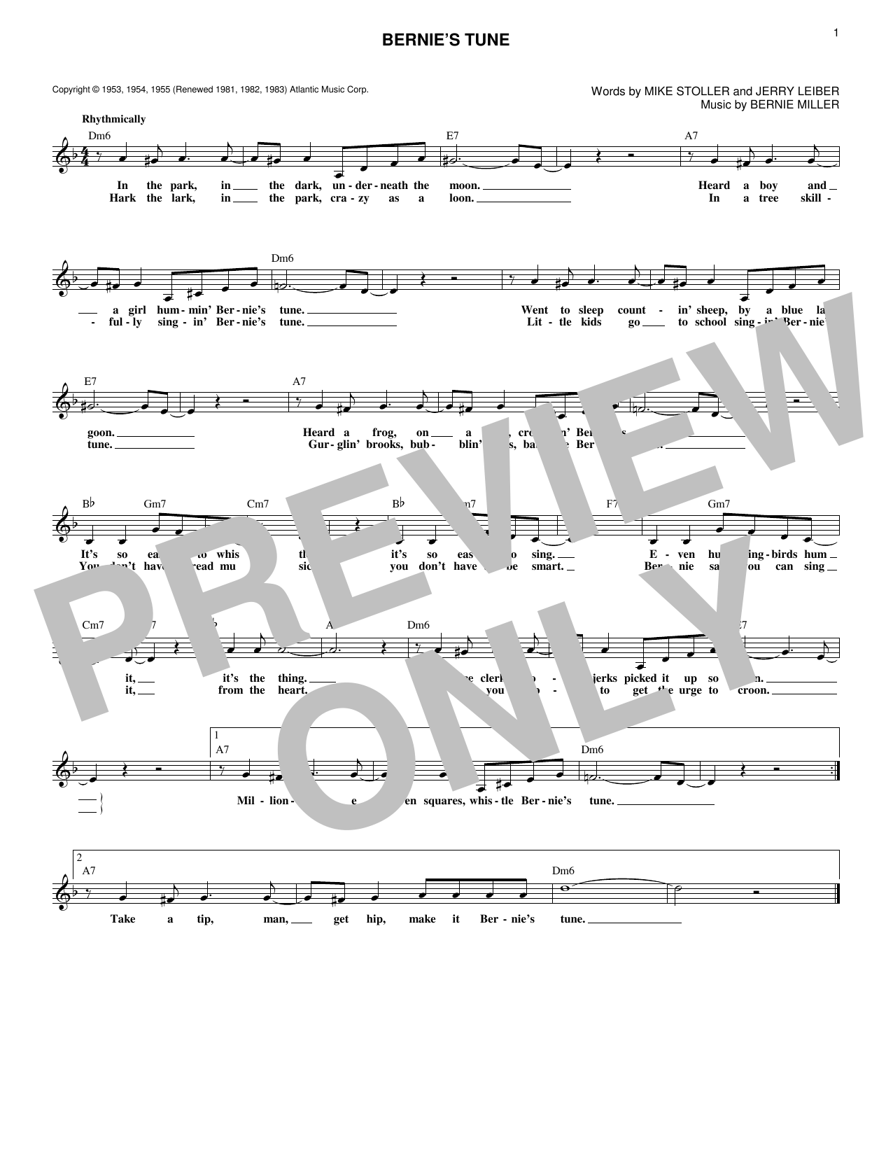 Bernie Miller Bernie's Tune Sheet Music Notes & Chords for Melody Line, Lyrics & Chords - Download or Print PDF