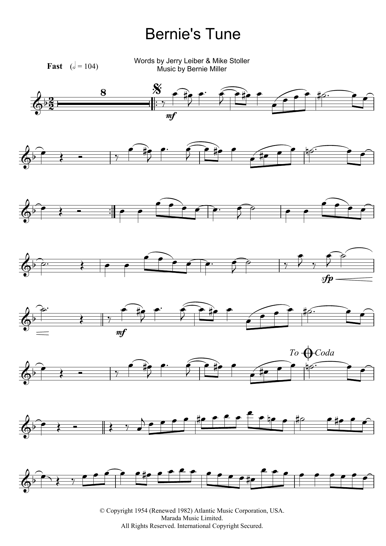 Bernie Miller Bernie's Tune Sheet Music Notes & Chords for Melody Line, Lyrics & Chords - Download or Print PDF