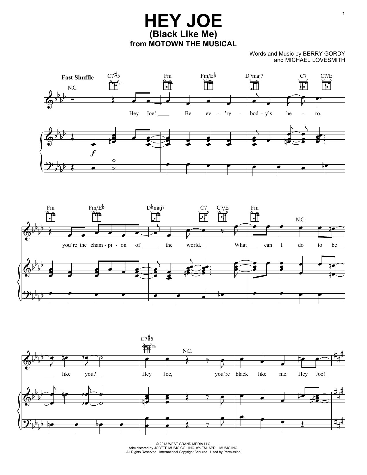 Berry Gordy Hey Joe (Black Like Me) Sheet Music Notes & Chords for Piano, Vocal & Guitar (Right-Hand Melody) - Download or Print PDF