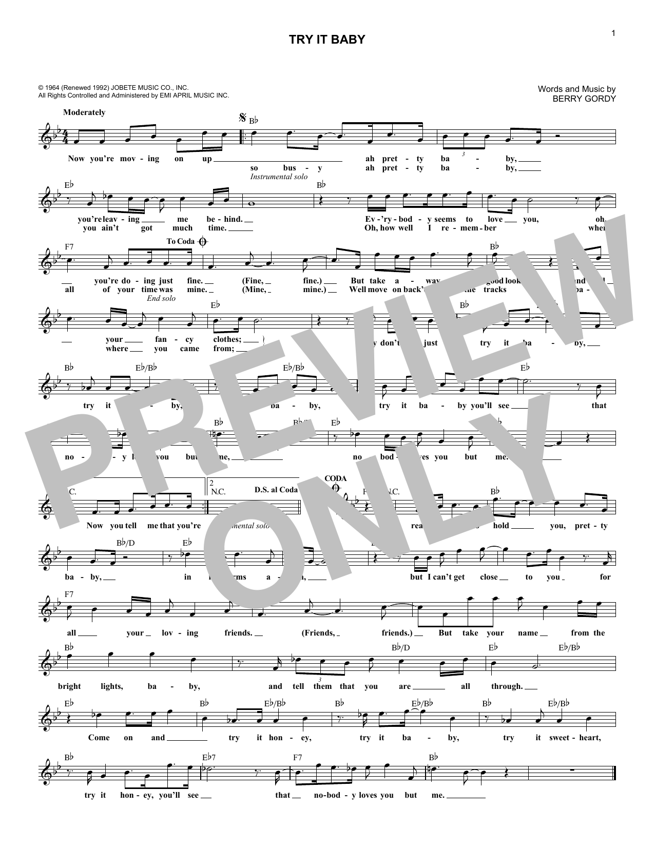 Berry Gordy Try It Baby Sheet Music Notes & Chords for Melody Line, Lyrics & Chords - Download or Print PDF