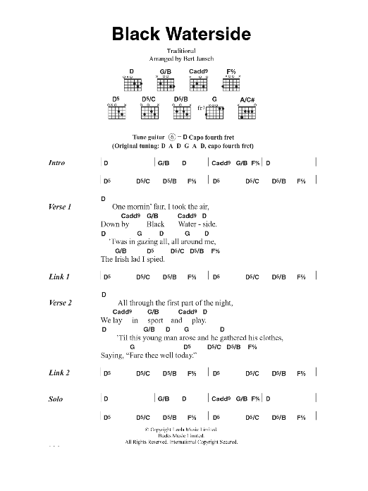 Bert Jansch Black Waterside Sheet Music Notes & Chords for Lyrics & Chords - Download or Print PDF