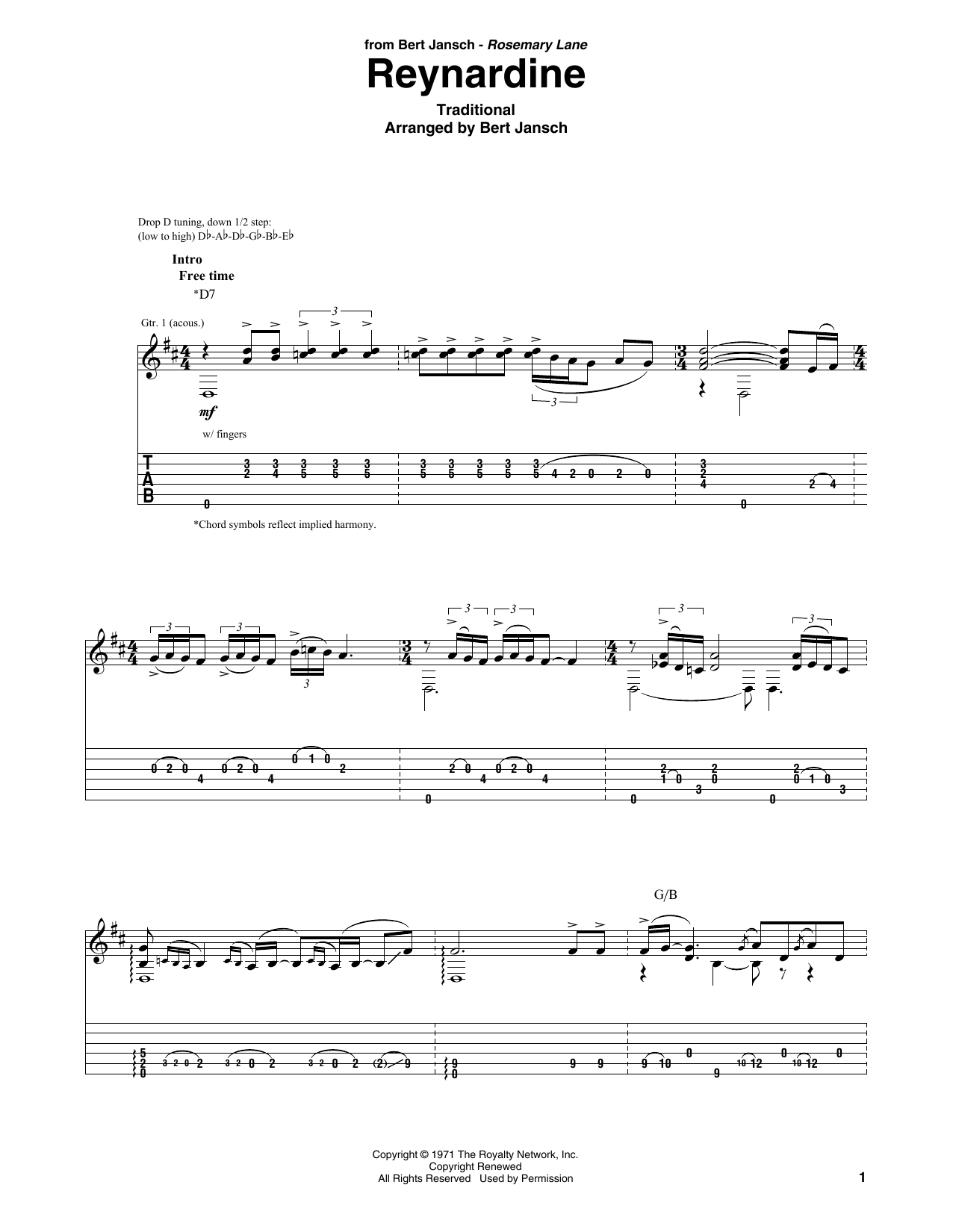 Bert Jansch Reynardine Sheet Music Notes & Chords for Solo Guitar Tab - Download or Print PDF