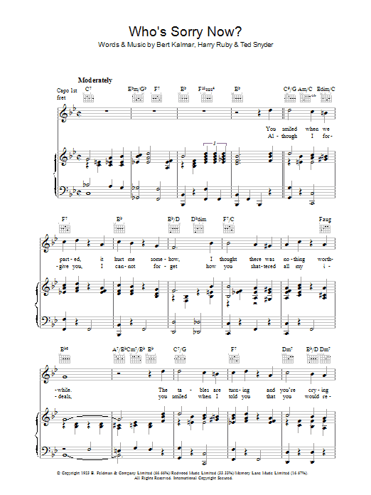 Bert Kalmer Who's Sorry Now? Sheet Music Notes & Chords for Piano, Vocal & Guitar (Right-Hand Melody) - Download or Print PDF Bert Kalmer Who's Sorry Now? Sheet Music Notes & Chords for Piano, Vocal & Guitar (Right-Hand Melody) - Download or Print PDF