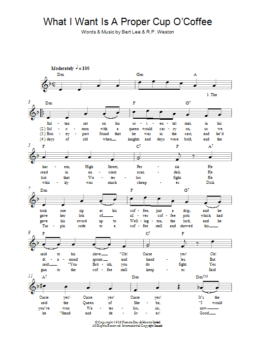 Bert Lee What I Want Is A Proper Cup O'Coffee Sheet Music Notes & Chords for Melody Line, Lyrics & Chords - Download or Print PDF