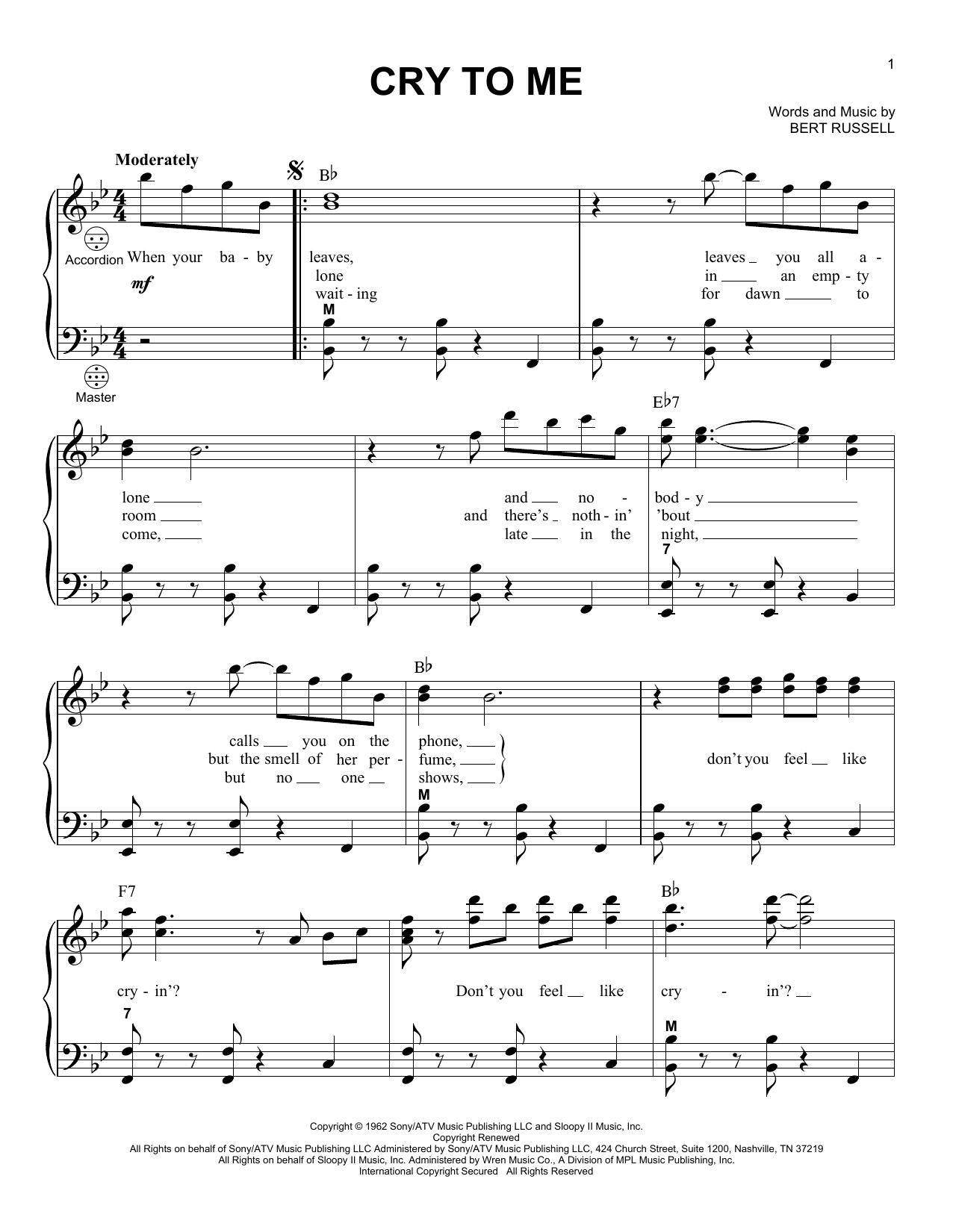 Bert Russell Cry To Me Sheet Music Notes & Chords for Accordion - Download or Print PDF
