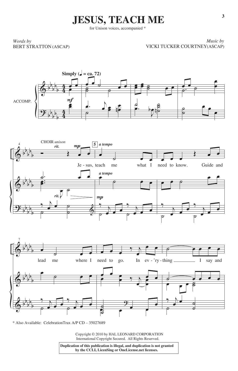Bert Stratton and Vicki Tucker Courtney Jesus, Teach Me Sheet Music Notes & Chords for Unison Choir - Download or Print PDF