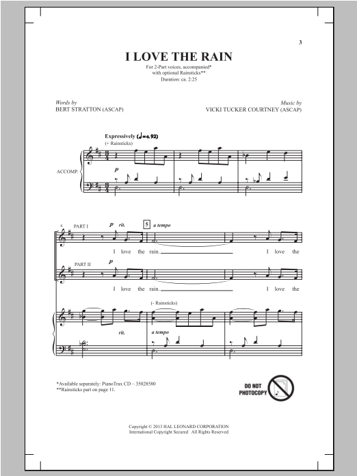 Bert Stratton I Love The Rain Sheet Music Notes & Chords for 2-Part Choir - Download or Print PDF