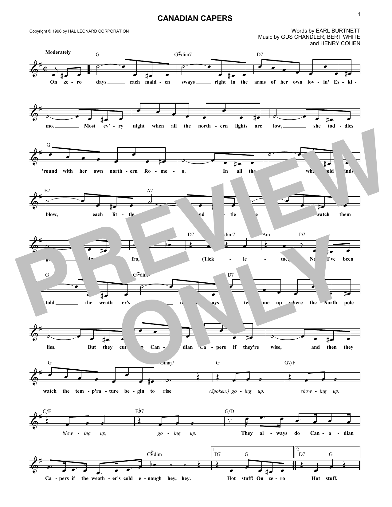 Bert White Canadian Capers Sheet Music Notes & Chords for Melody Line, Lyrics & Chords - Download or Print PDF