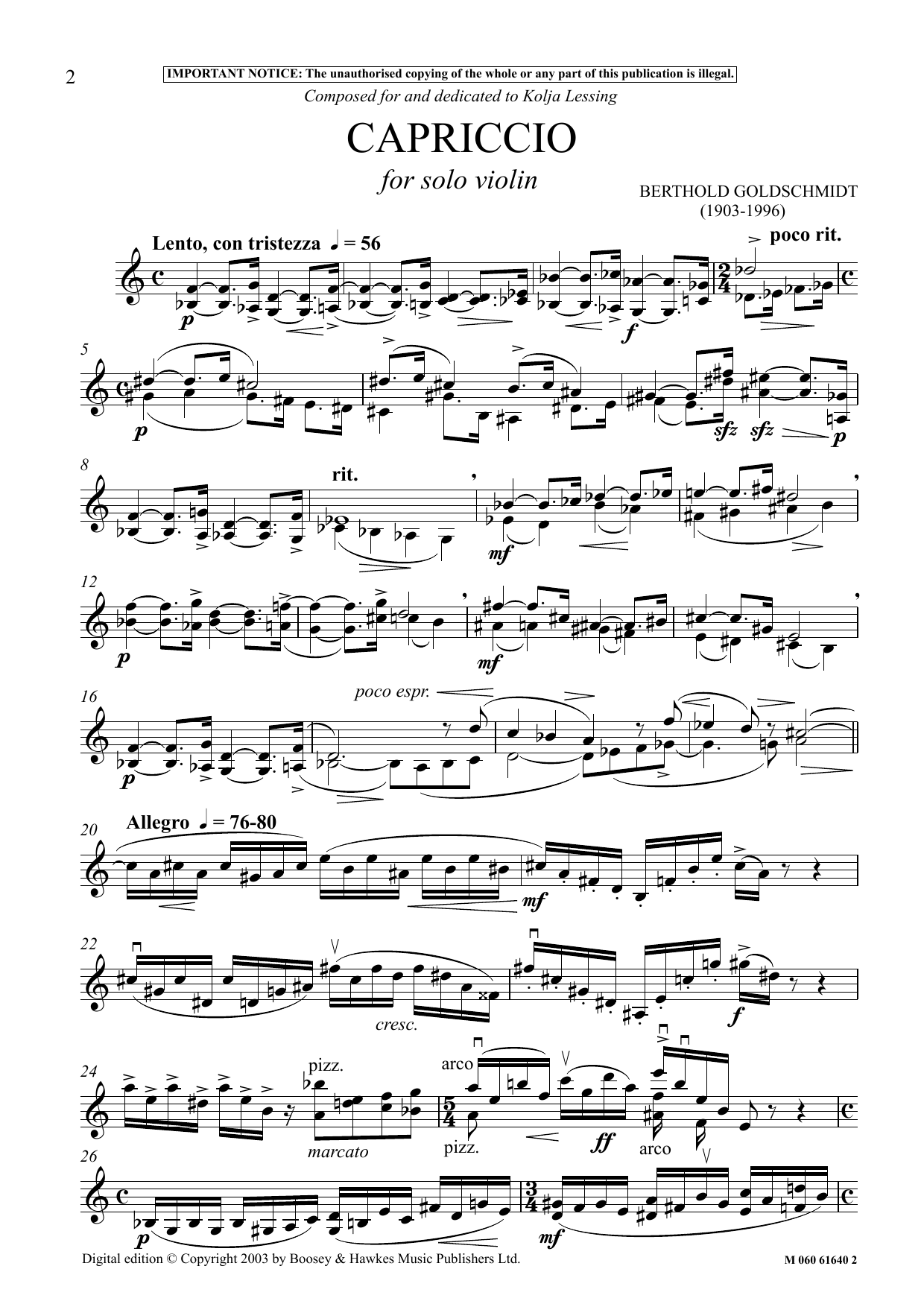 Berthold Goldschmidt Capriccio For Solo Violin Sheet Music Notes & Chords for Instrumental Solo - Download or Print PDF