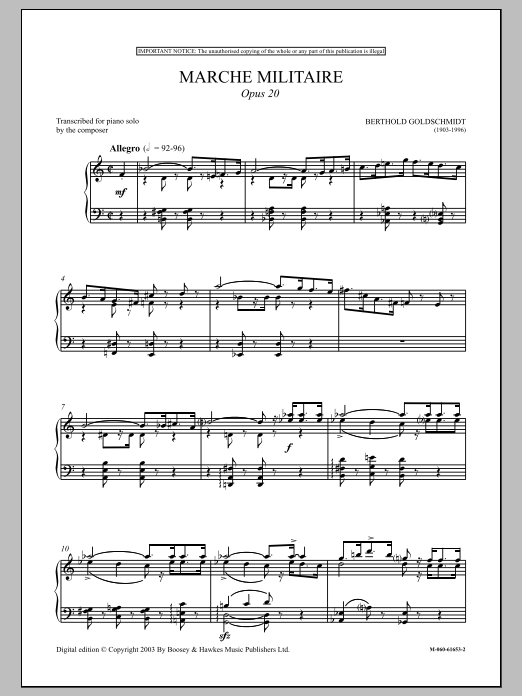 Berthold Goldschmidt Marche Militaire, Op. 20 Sheet Music Notes & Chords for Piano - Download or Print PDF