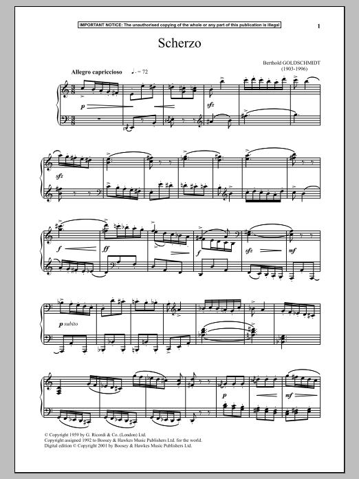 Berthold Goldschmidt Scherzo Sheet Music Notes & Chords for Piano - Download or Print PDF