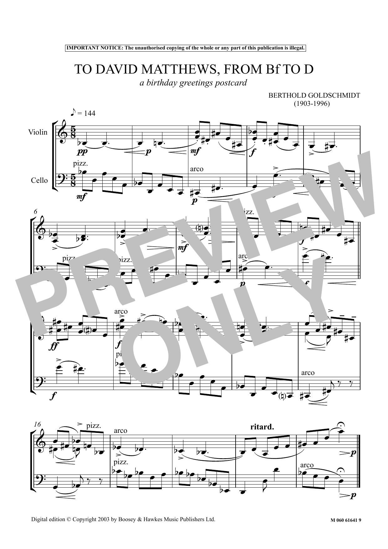 Berthold Goldschmidt To David Matthews From Bf To D (A Birthday Greetings Postcard) Sheet Music Notes & Chords for Performance Ensemble - Download or Print PDF