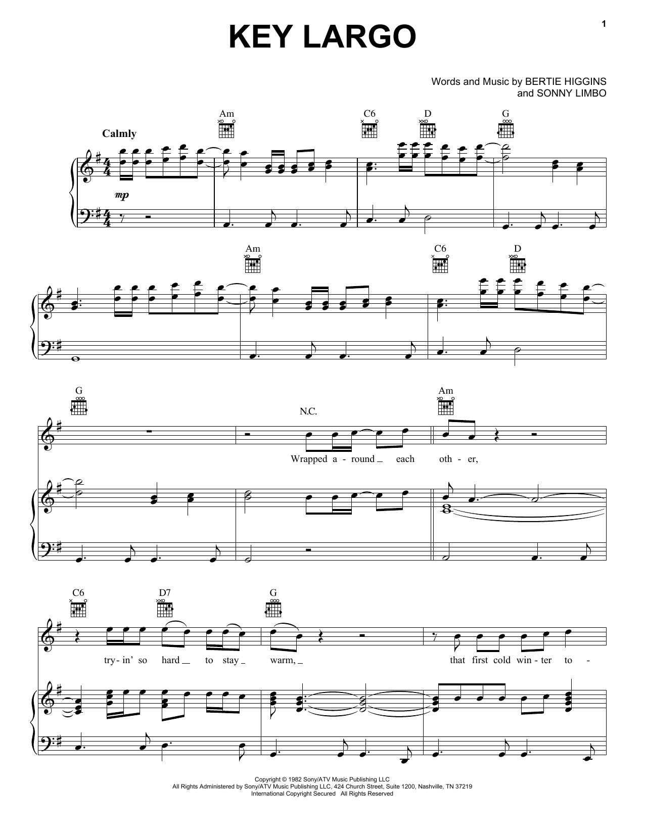 Bertie Higgins Key Largo Sheet Music Notes & Chords for Piano, Vocal & Guitar (Right-Hand Melody) - Download or Print PDF