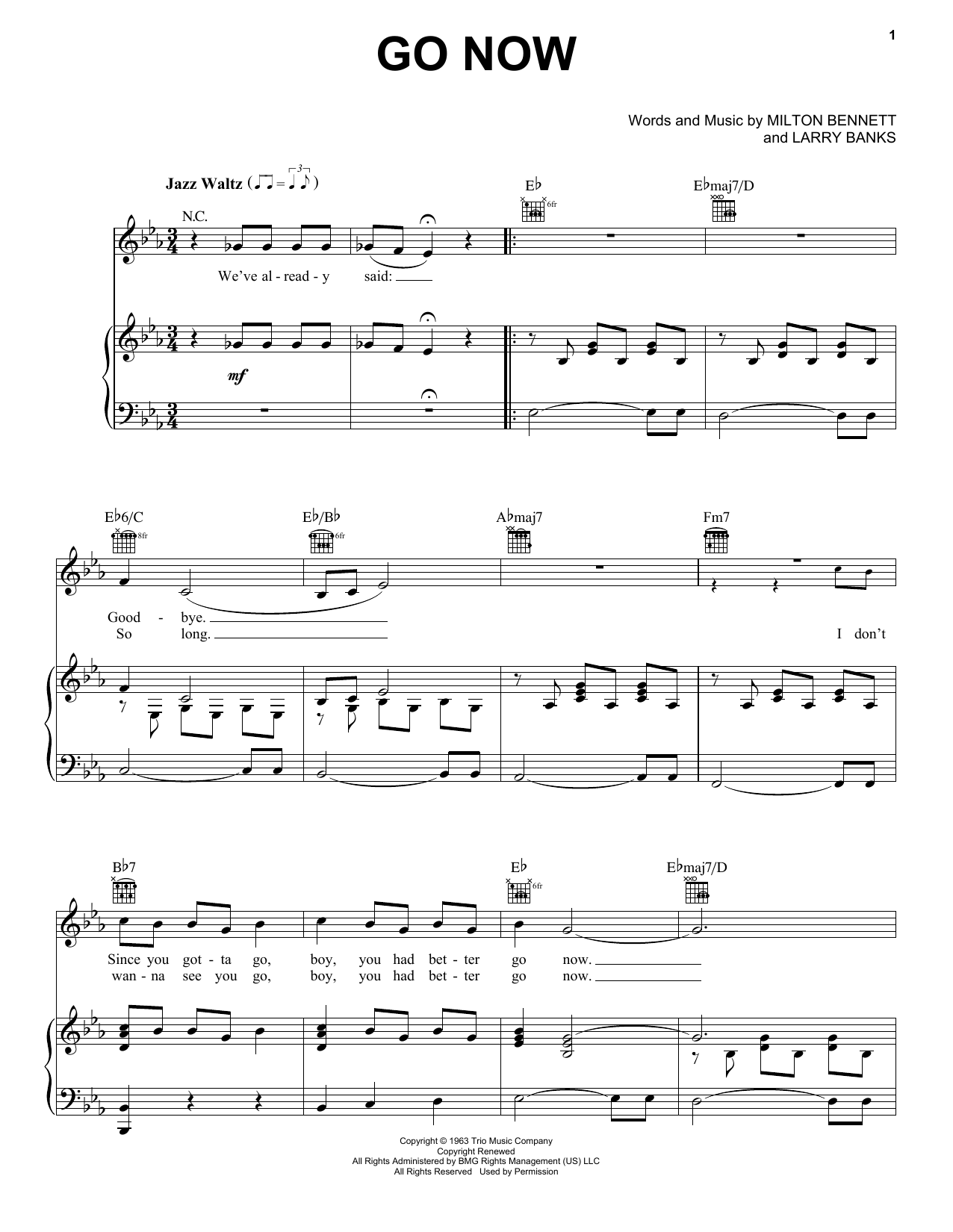 Bessie Banks Go Now Sheet Music Notes & Chords for Piano, Vocal & Guitar Chords (Right-Hand Melody) - Download or Print PDF