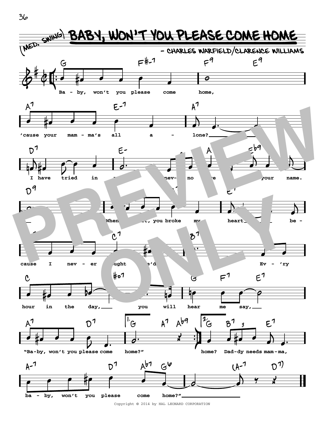 Bessie Smith Baby, Won't You Please Come Home (High Voice) Sheet Music Notes & Chords for Real Book – Melody, Lyrics & Chords - Download or Print PDF