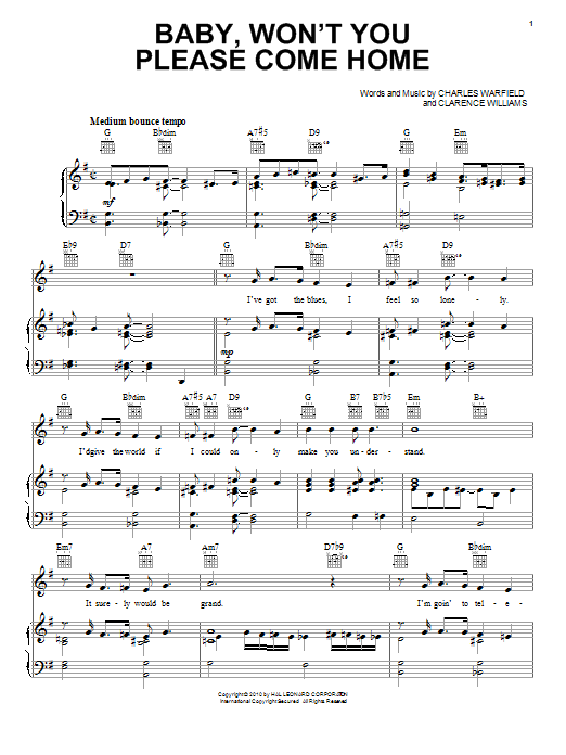 Bessie Smith Baby, Won't You Please Come Home Sheet Music Notes & Chords for Melody Line, Lyrics & Chords - Download or Print PDF