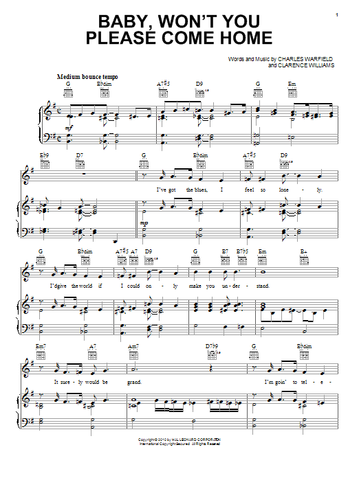 Bessie Smith Baby, Won't You Please Come Home Sheet Music Notes & Chords for Piano, Vocal & Guitar (Right-Hand Melody) - Download or Print PDF