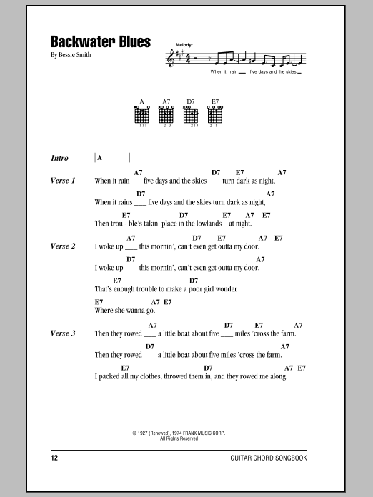 Bessie Smith Backwater Blues Sheet Music Notes & Chords for Piano, Vocal & Guitar (Right-Hand Melody) - Download or Print PDF