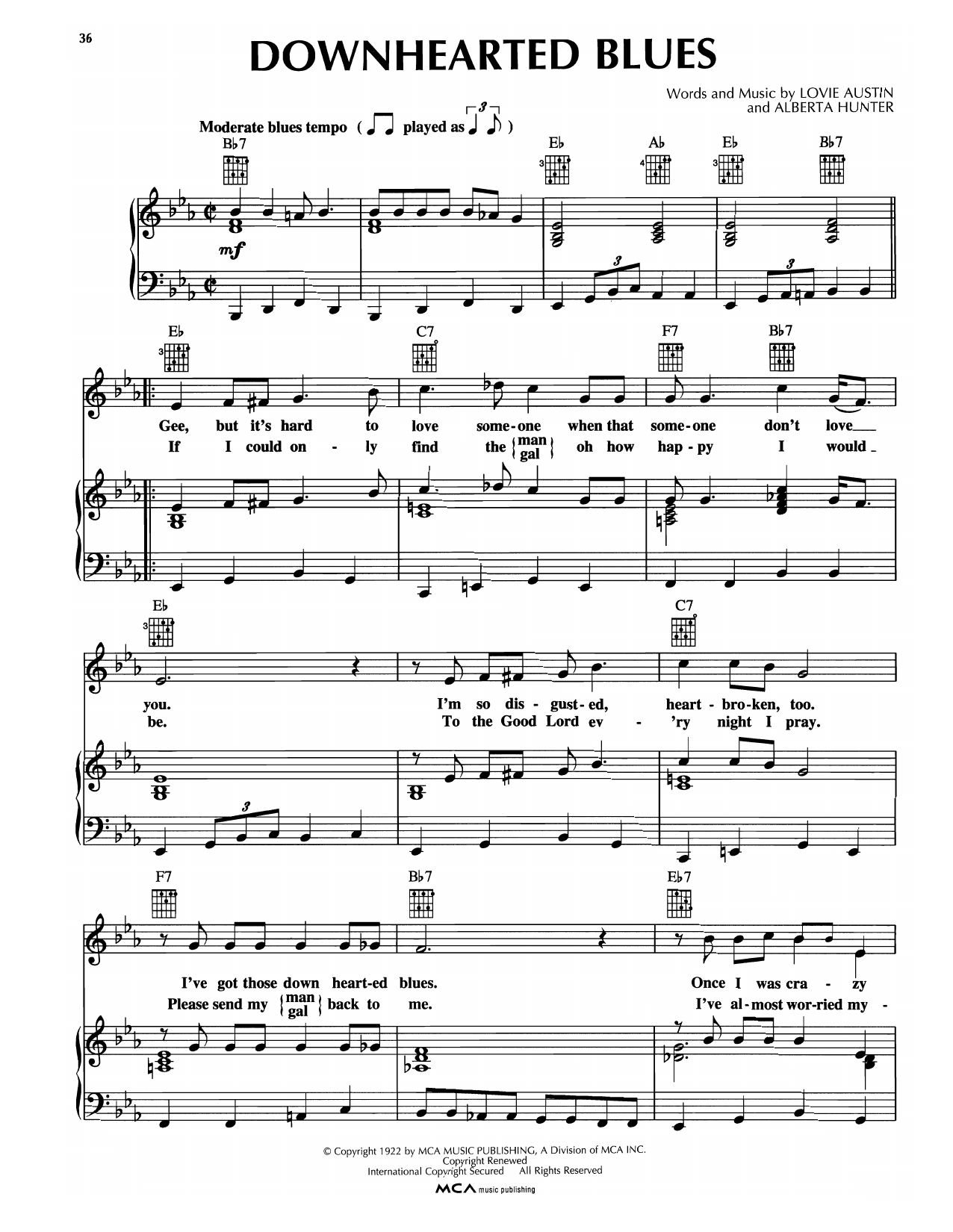Bessie Smith Down Hearted Blues Sheet Music Notes & Chords for Piano, Vocal & Guitar Chords (Right-Hand Melody) - Download or Print PDF