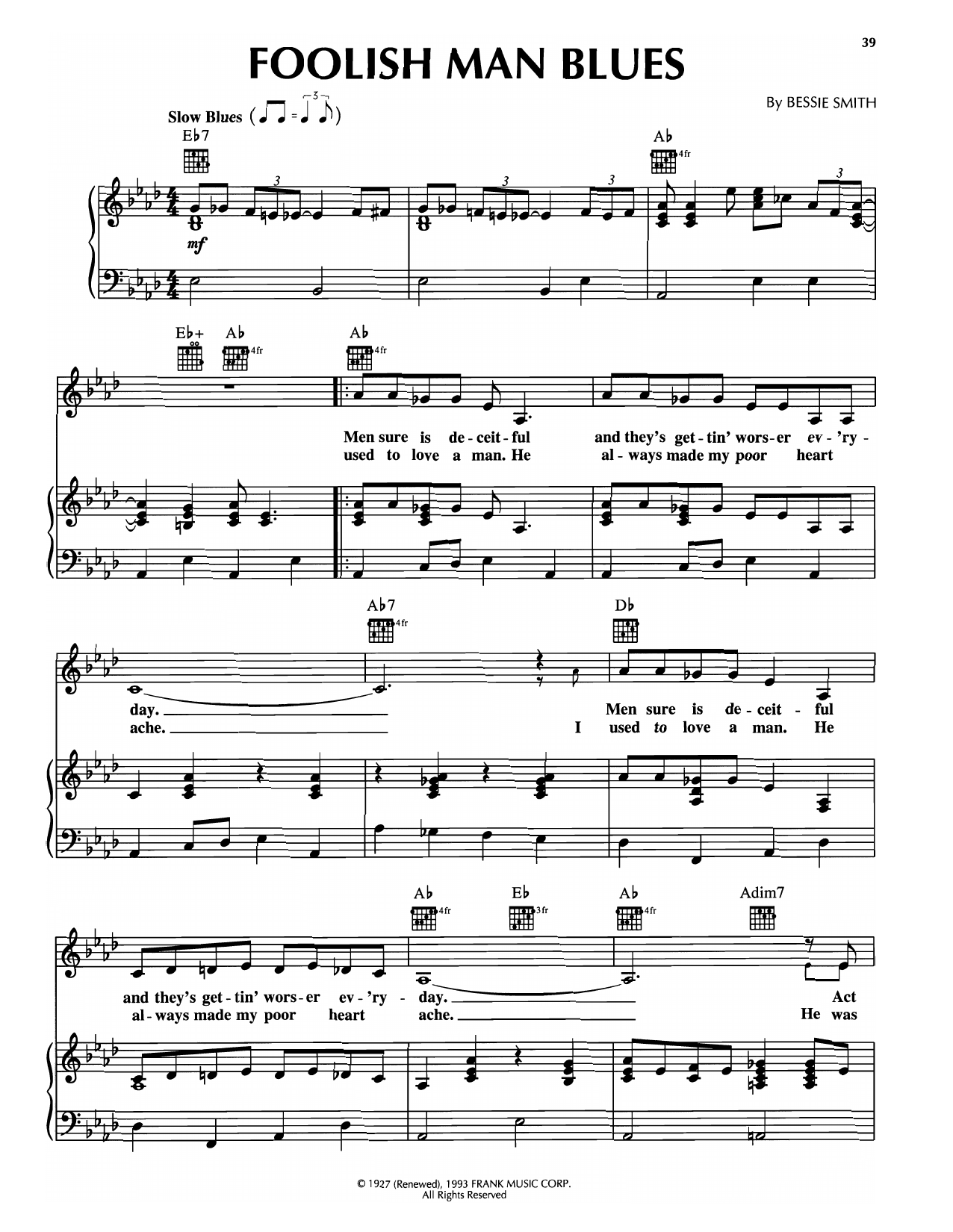 Bessie Smith Foolish Man Blues Sheet Music Notes & Chords for Piano, Vocal & Guitar Chords (Right-Hand Melody) - Download or Print PDF