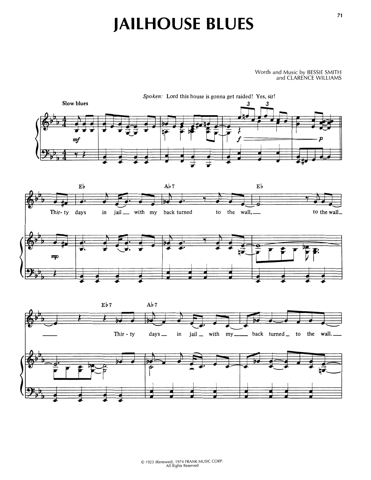 Bessie Smith Jailhouse Blues Sheet Music Notes & Chords for Piano, Vocal & Guitar Chords (Right-Hand Melody) - Download or Print PDF