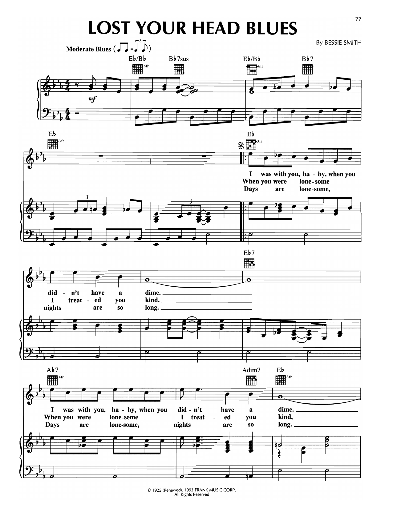 Bessie Smith Lost Your Head Blues Sheet Music Notes & Chords for Piano, Vocal & Guitar Chords (Right-Hand Melody) - Download or Print PDF