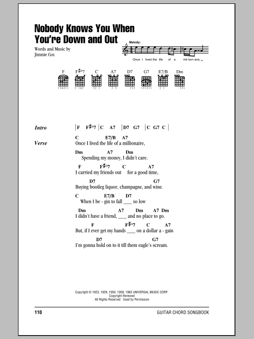 Bessie Smith Nobody Knows You When You're Down And Out Sheet Music Notes & Chords for Lyrics & Chords - Download or Print PDF