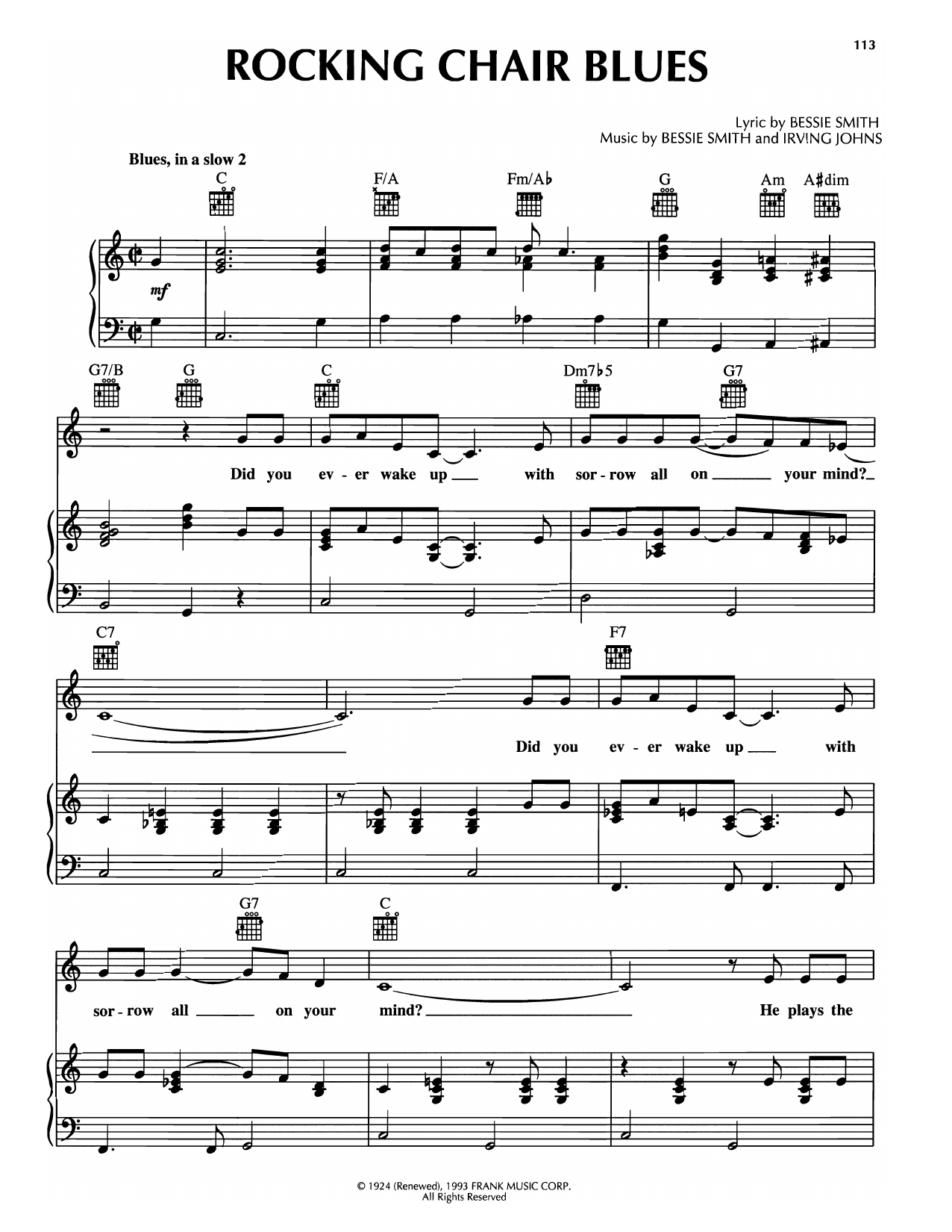 Bessie Smith Rocking Chair Blues Sheet Music Notes & Chords for Piano, Vocal & Guitar Chords (Right-Hand Melody) - Download or Print PDF