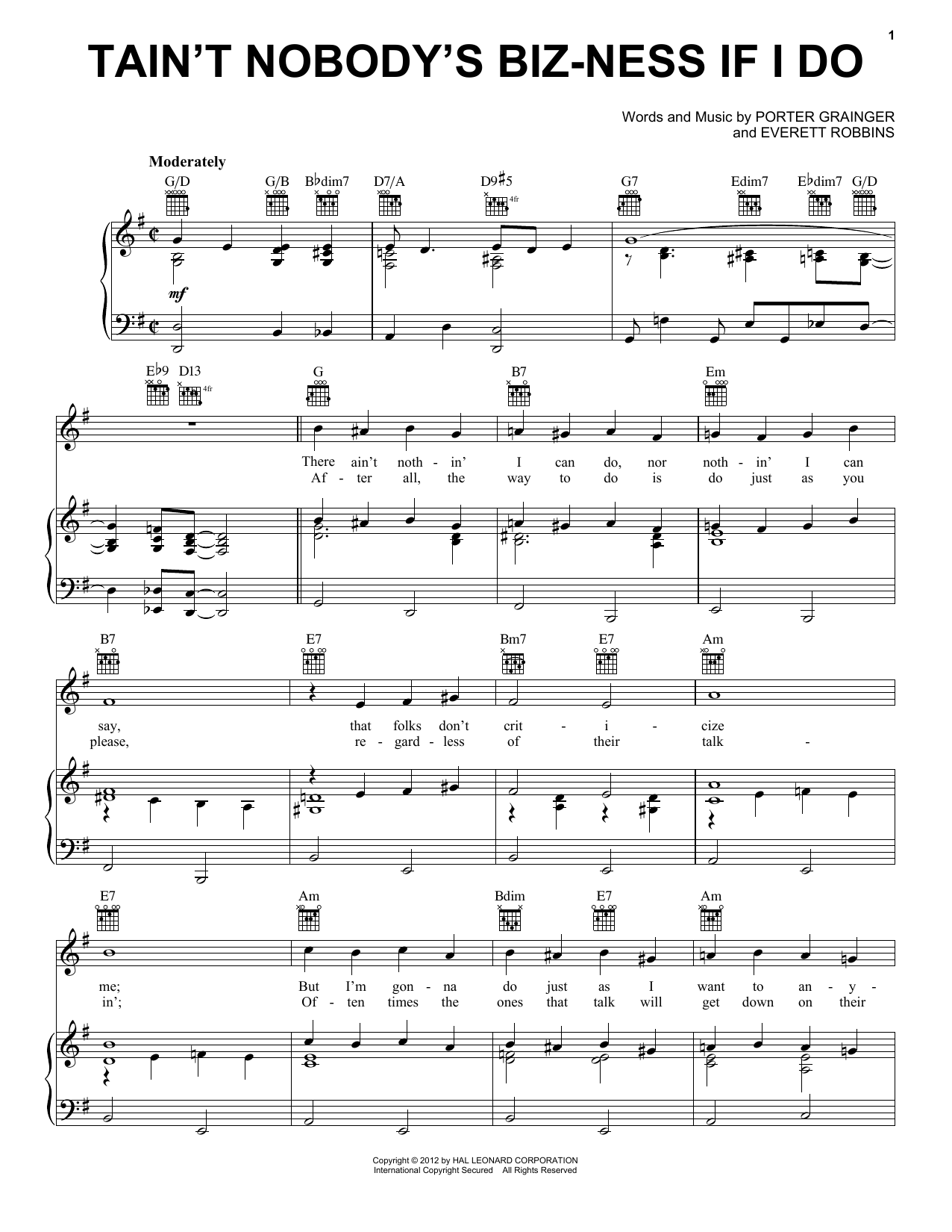 Bessie Smith Tain't Nobody's Biz-Ness If I Do Sheet Music Notes & Chords for Lyrics & Chords - Download or Print PDF