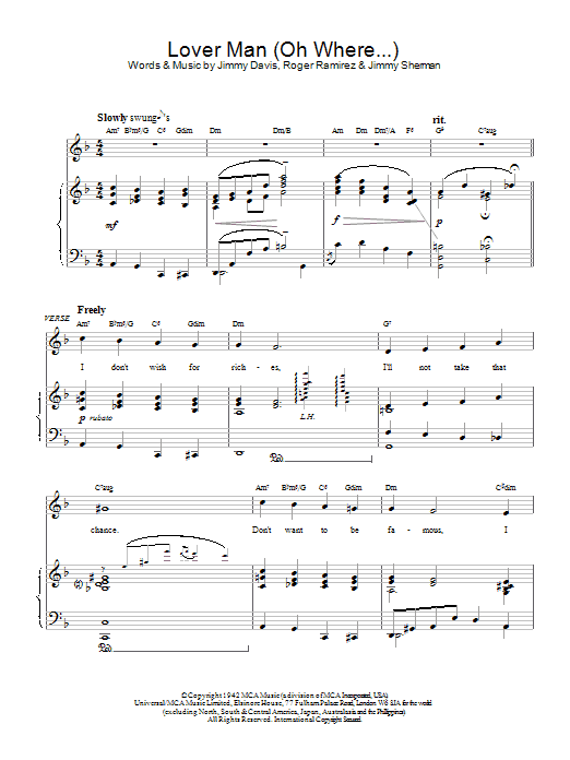 Preview Bessie Smith Lover Man (Oh Where Can You be) Jazz sheet music, notes and chords for Piano, SKU: 18649 Lover Man (Oh Where Can You be) sheet music
