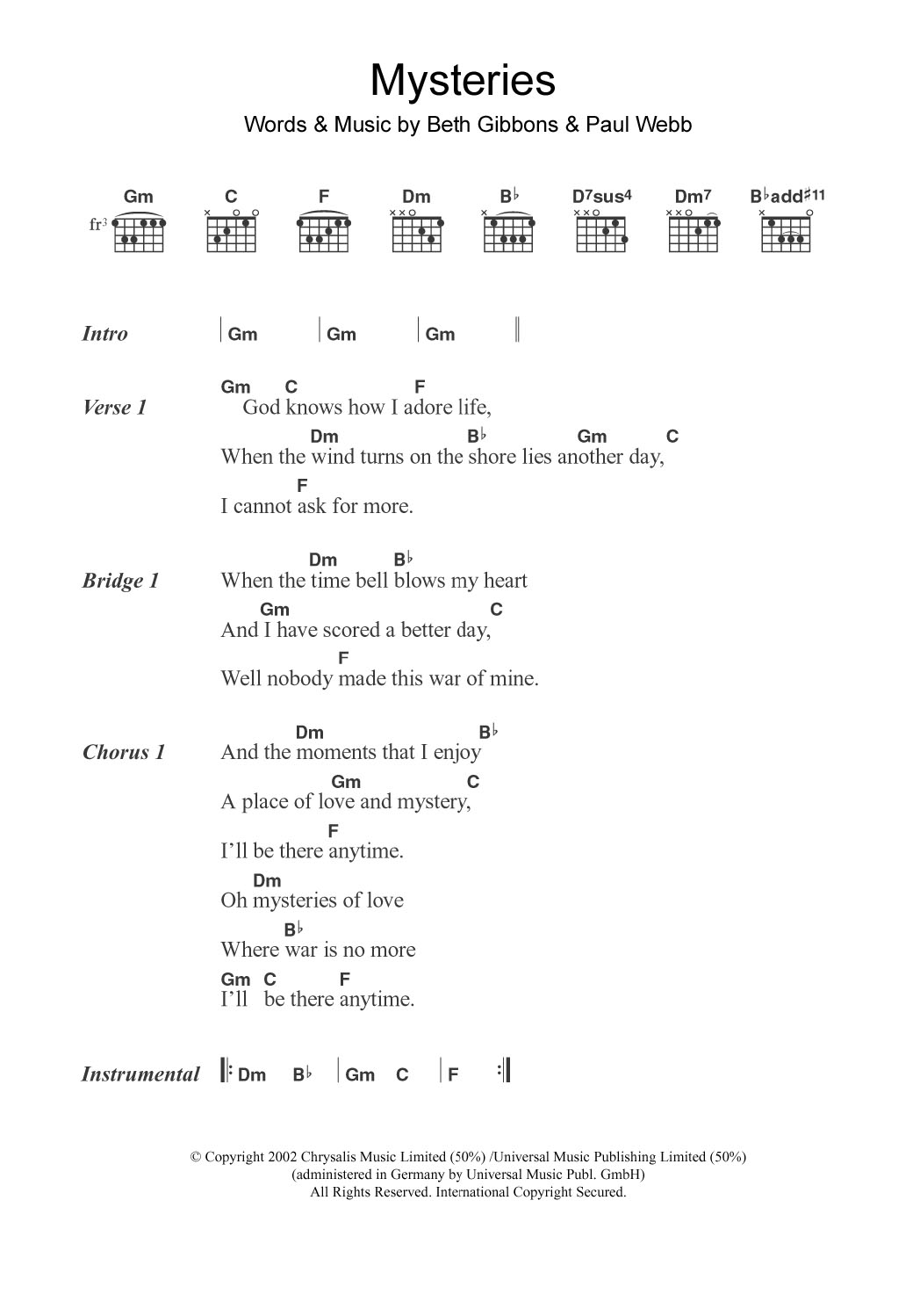 Beth Gibbons Mysteries Sheet Music Notes & Chords for Lyrics & Chords - Download or Print PDF