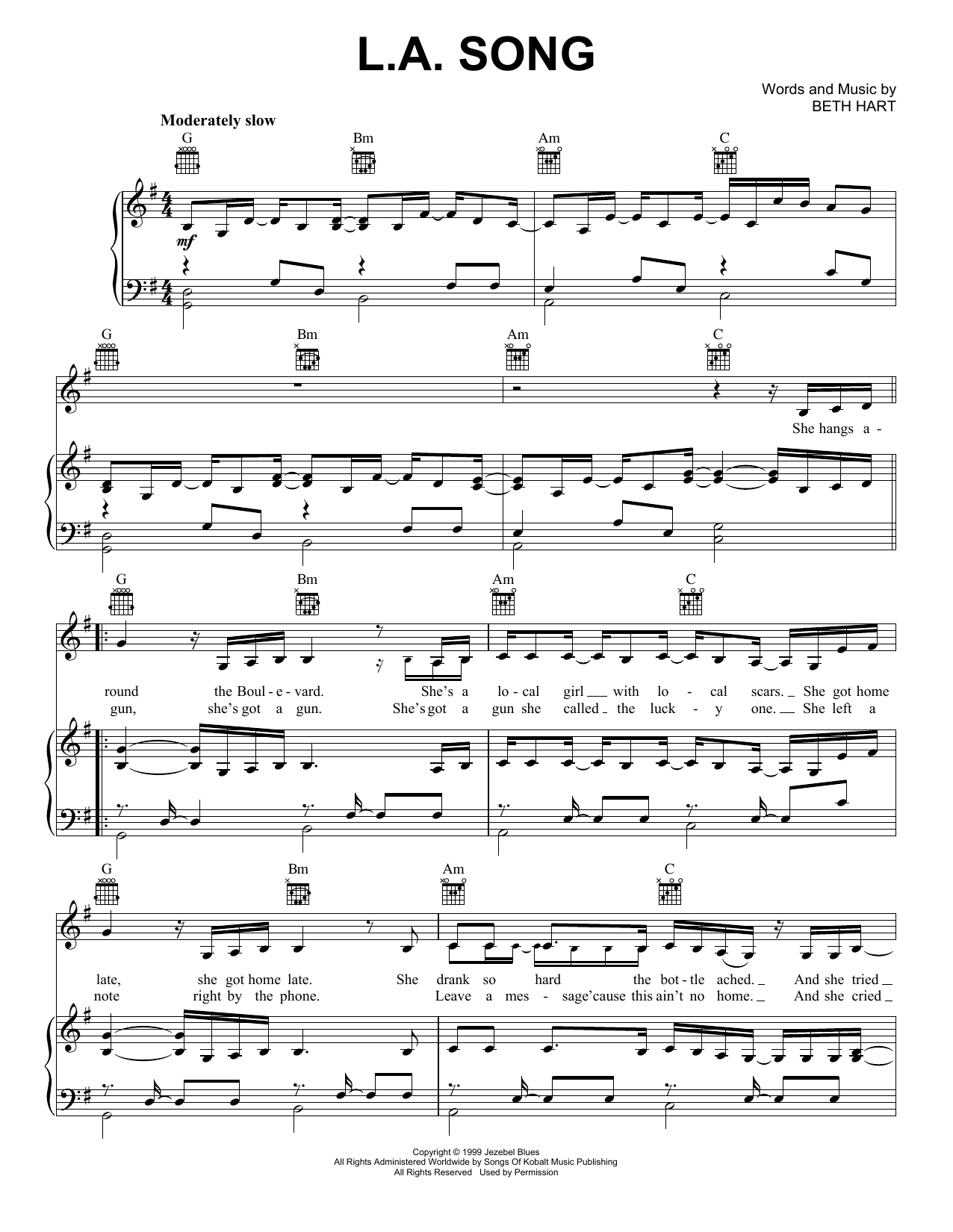 Beth Hart L.A. Song Sheet Music Notes & Chords for Piano, Vocal & Guitar (Right-Hand Melody) - Download or Print PDF