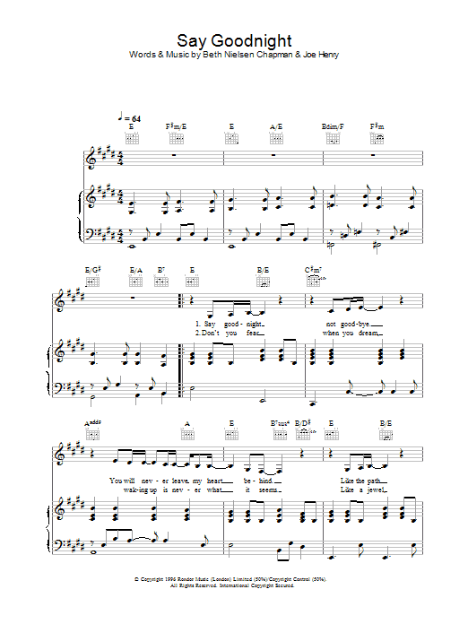 Beth Nielsen Chapman Say Goodnight Sheet Music Notes & Chords for Piano, Vocal & Guitar - Download or Print PDF