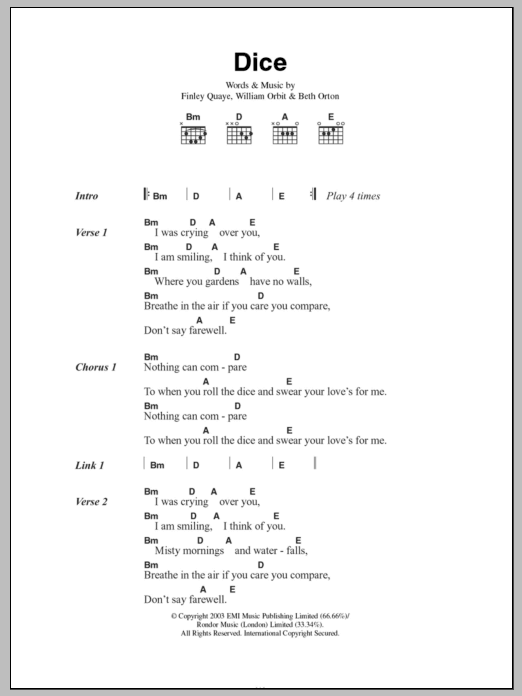 Beth Orton Dice Sheet Music Notes & Chords for Lyrics & Chords - Download or Print PDF