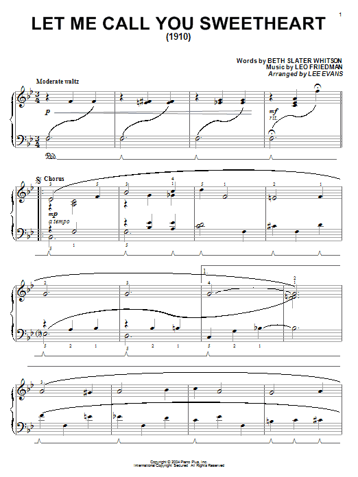 Leo Friedman Let Me Call You Sweetheart Sheet Music Notes & Chords for Piano, Vocal & Guitar Chords (Right-Hand Melody) - Download or Print PDF