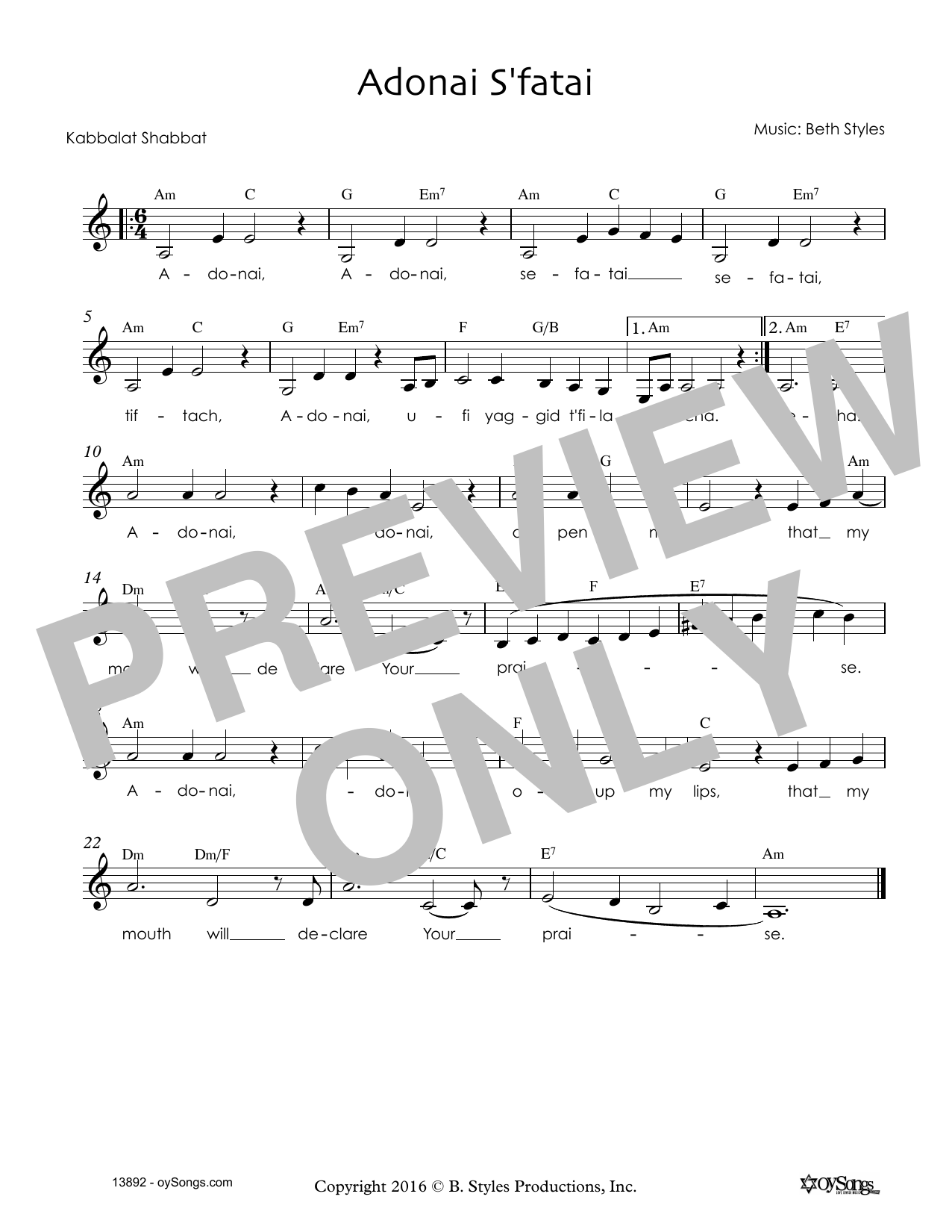 Beth Styles Adonai S'fatai Sheet Music Notes & Chords for Melody Line, Lyrics & Chords - Download or Print PDF