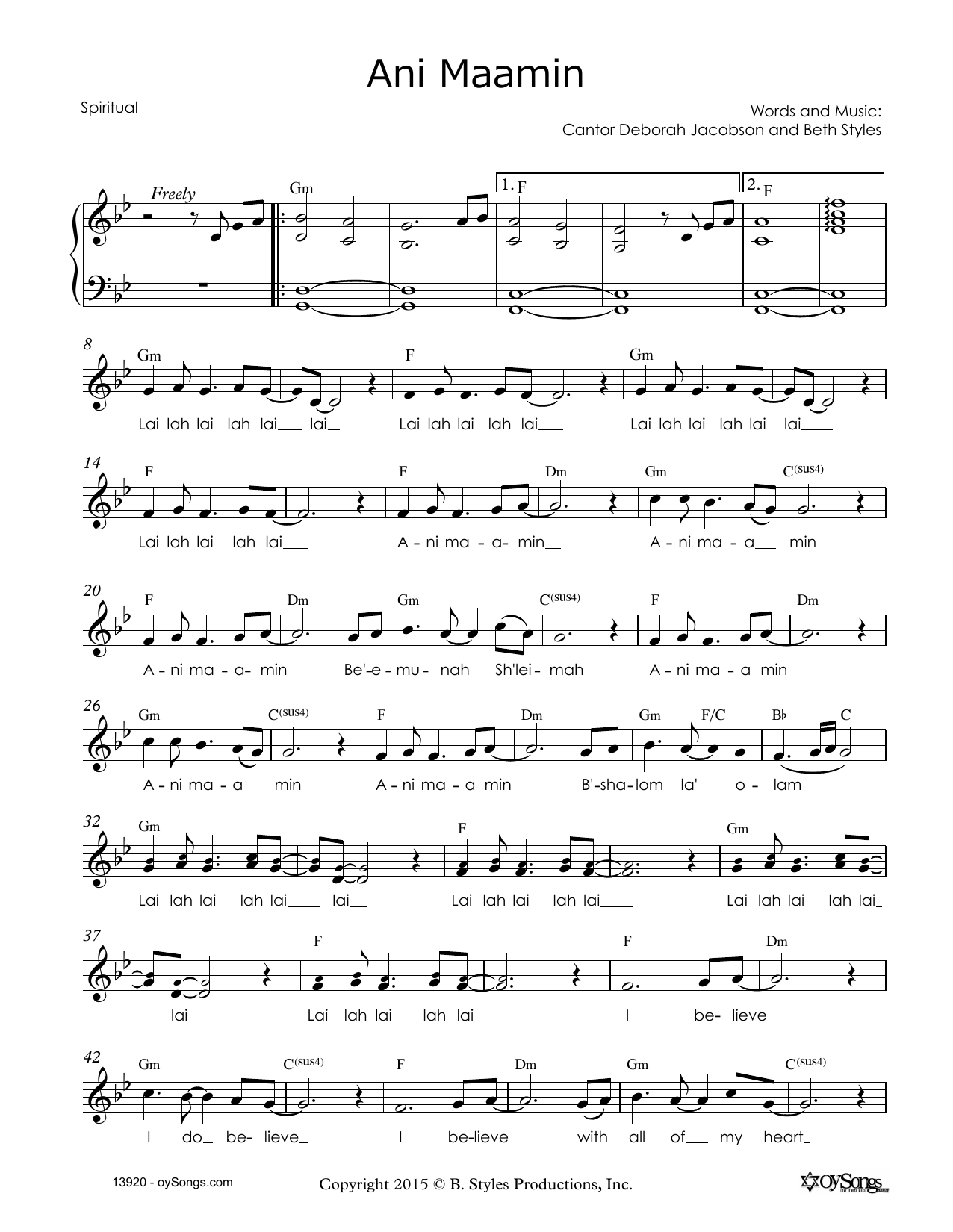 Beth Styles Ani Maamin Sheet Music Notes & Chords for Melody Line, Lyrics & Chords - Download or Print PDF
