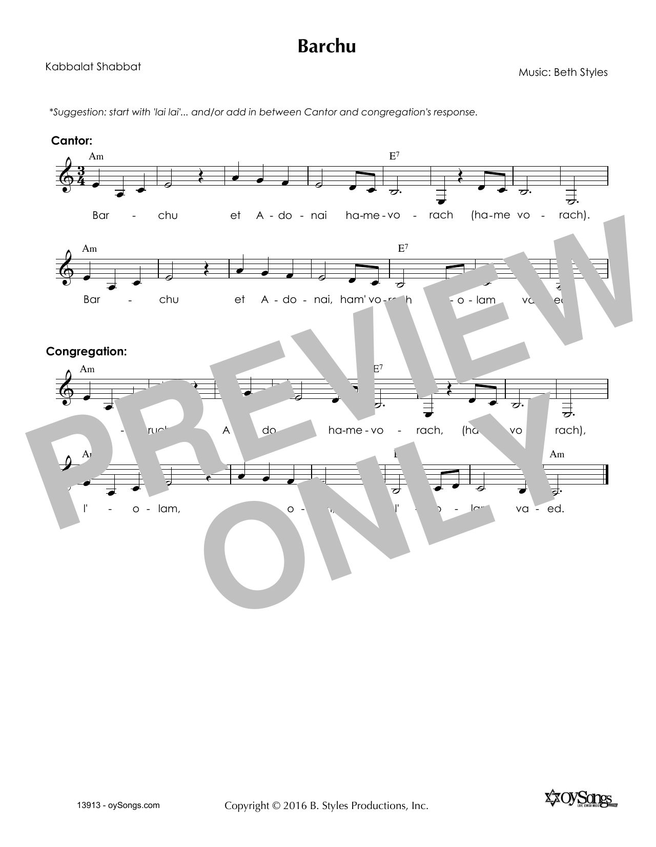 Beth Styles Barchu Sheet Music Notes & Chords for Melody Line, Lyrics & Chords - Download or Print PDF