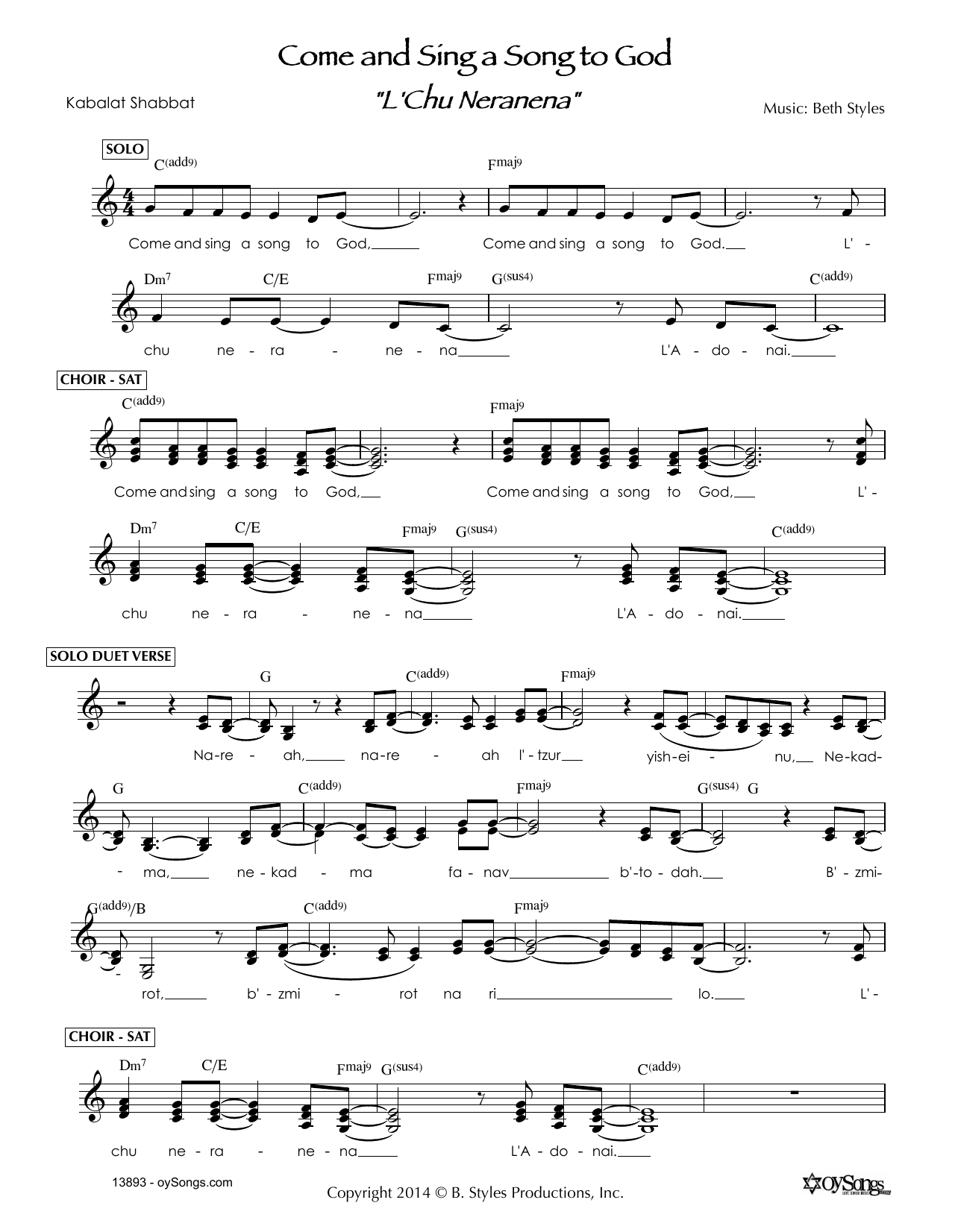 Beth Styles Come and Sing a Song to God - L'Chu Neranena Sheet Music Notes & Chords for Melody Line, Lyrics & Chords - Download or Print PDF