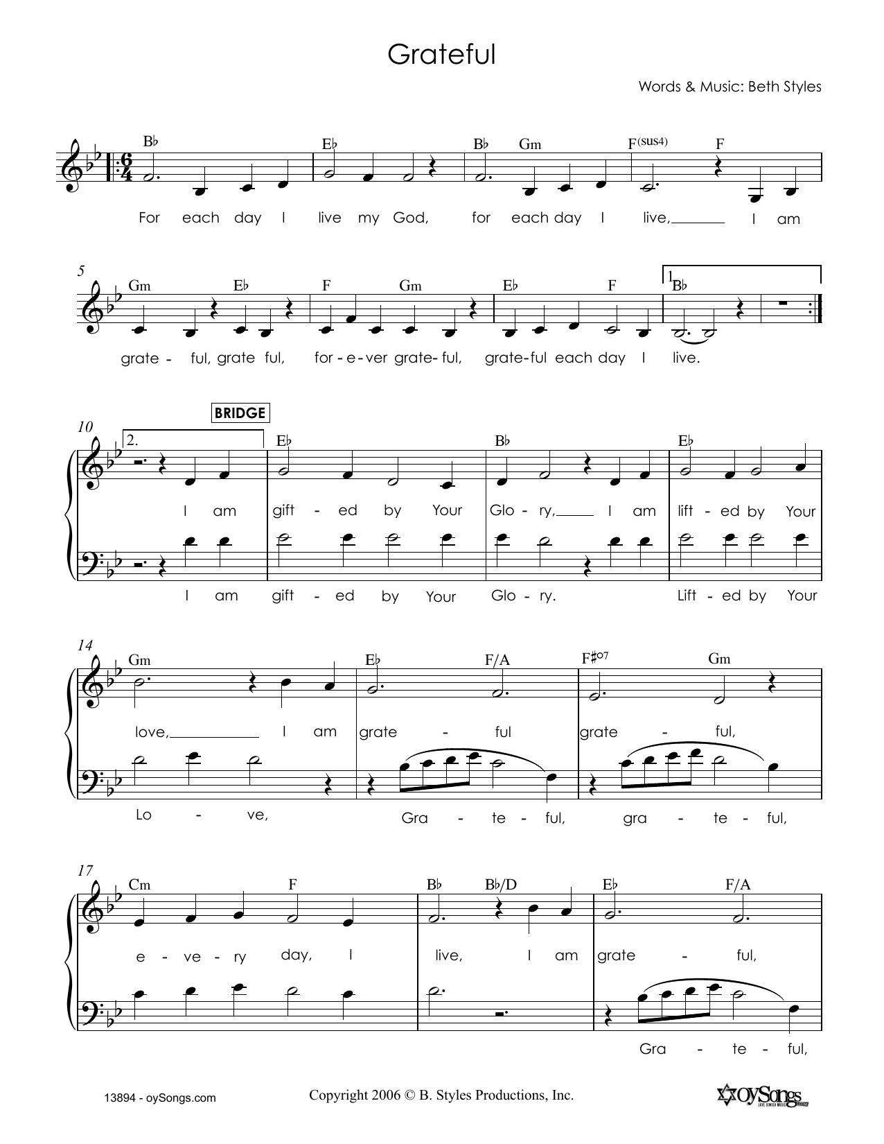 Beth Styles Grateful Sheet Music Notes & Chords for Melody Line, Lyrics & Chords - Download or Print PDF
