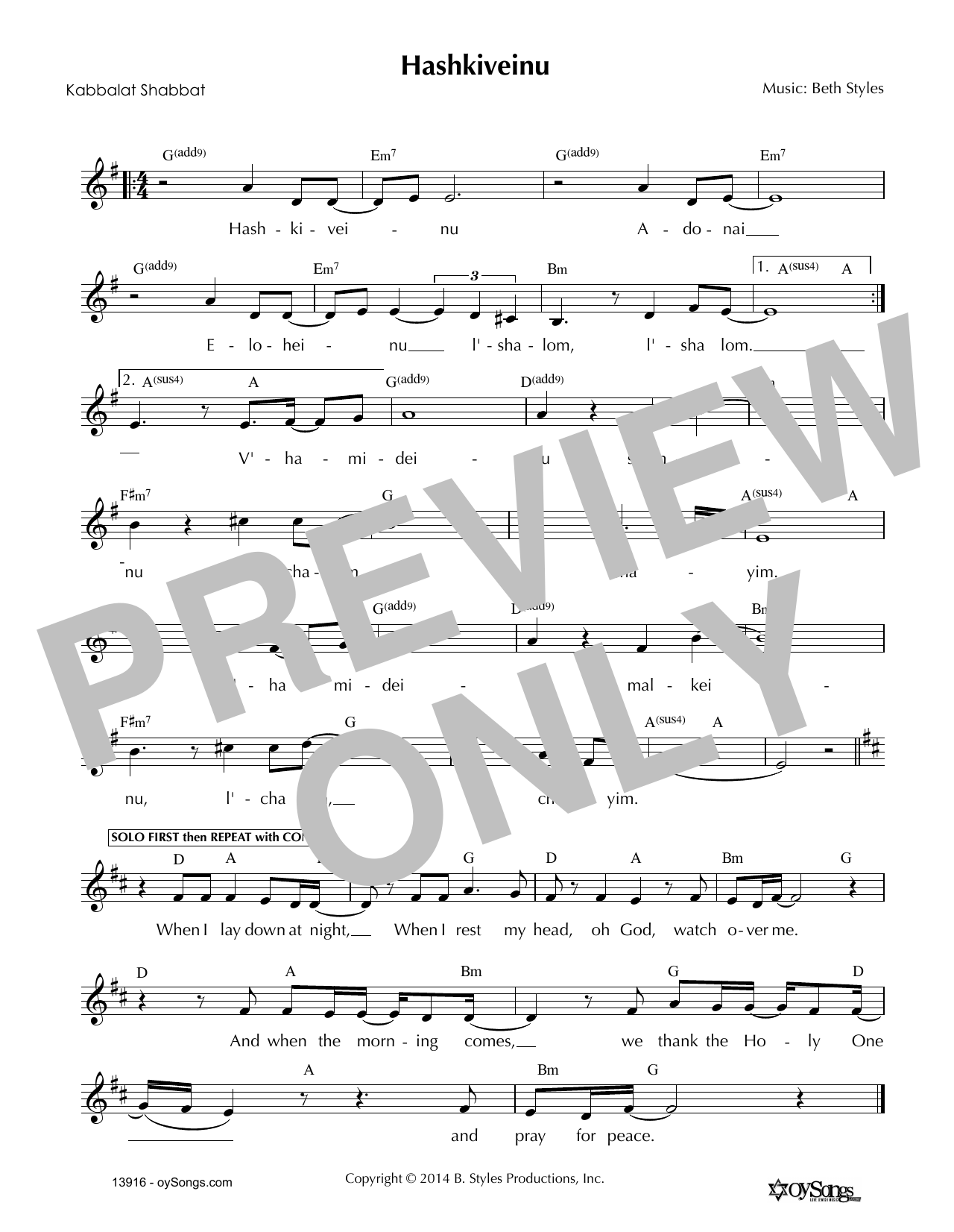 Beth Styles Hashkiveinu Sheet Music Notes & Chords for Melody Line, Lyrics & Chords - Download or Print PDF