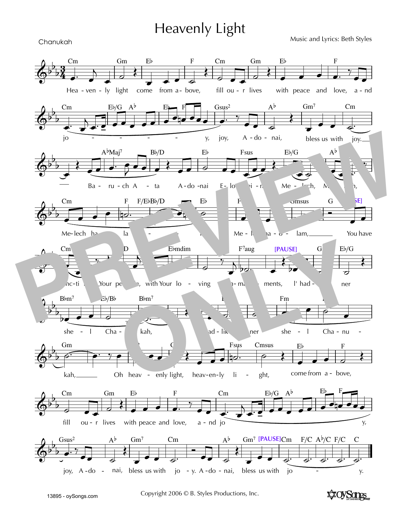 Beth Styles Heavenly Light (Chanukah) Sheet Music Notes & Chords for Melody Line, Lyrics & Chords - Download or Print PDF