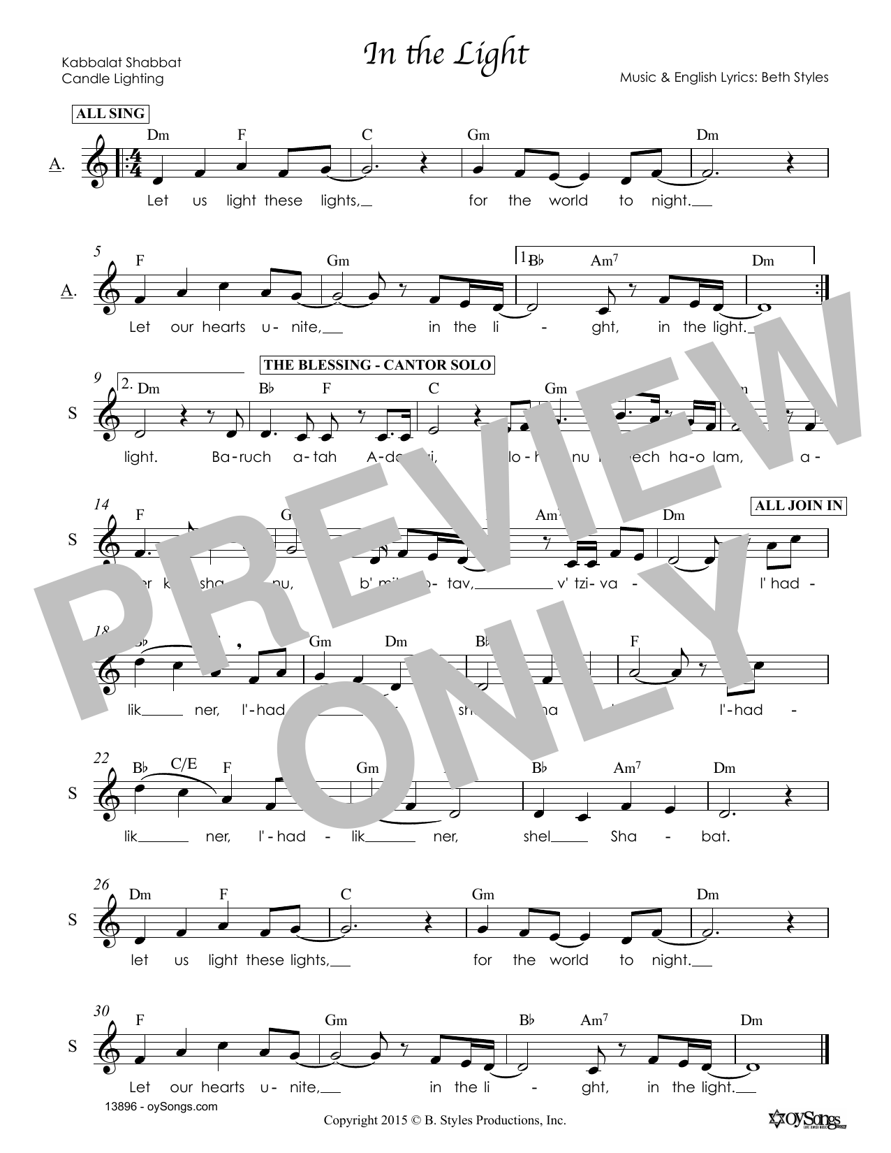 Beth Styles In the Light Sheet Music Notes & Chords for Melody Line, Lyrics & Chords - Download or Print PDF