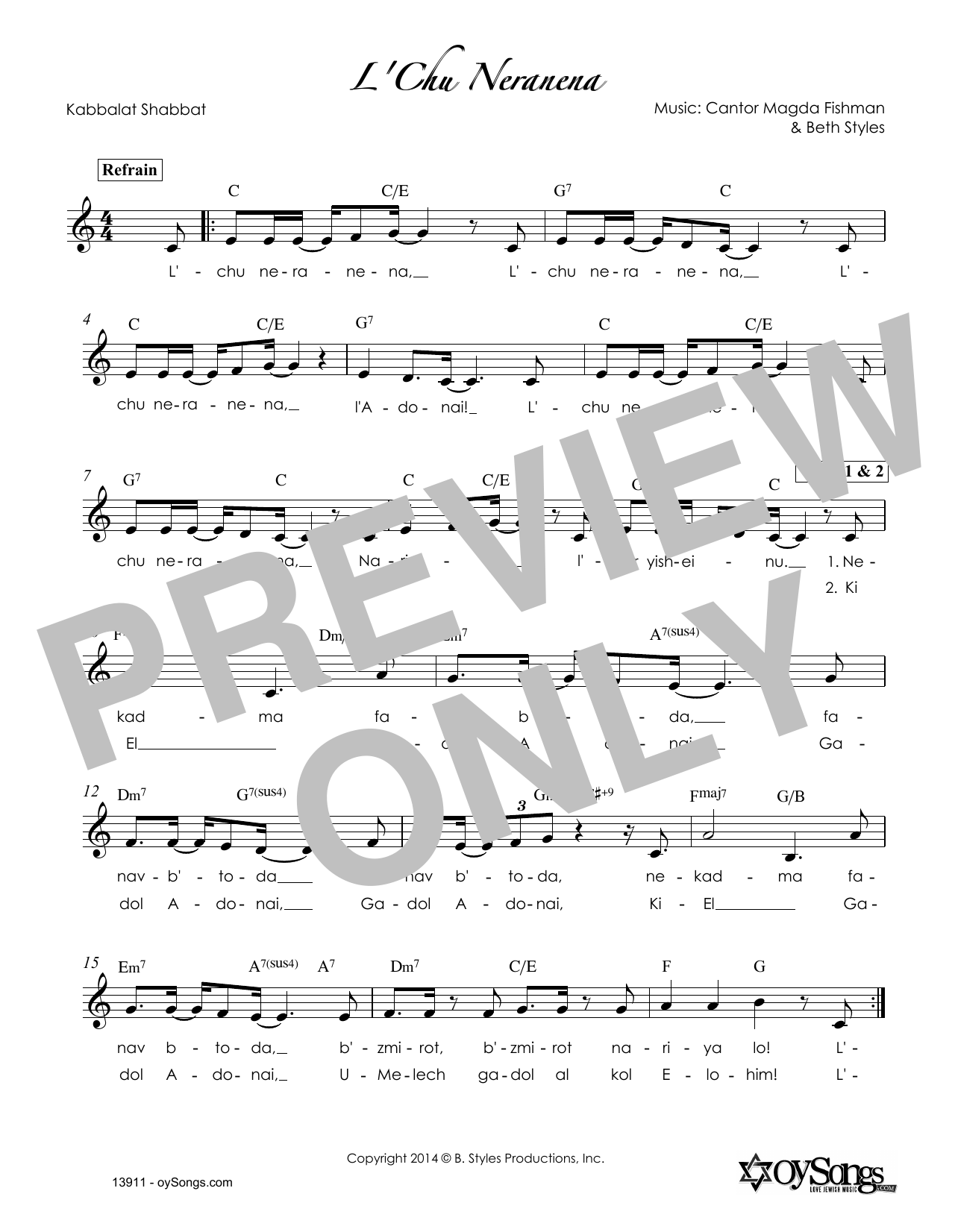Beth Styles L'Chu Neranena Sheet Music Notes & Chords for Melody Line, Lyrics & Chords - Download or Print PDF