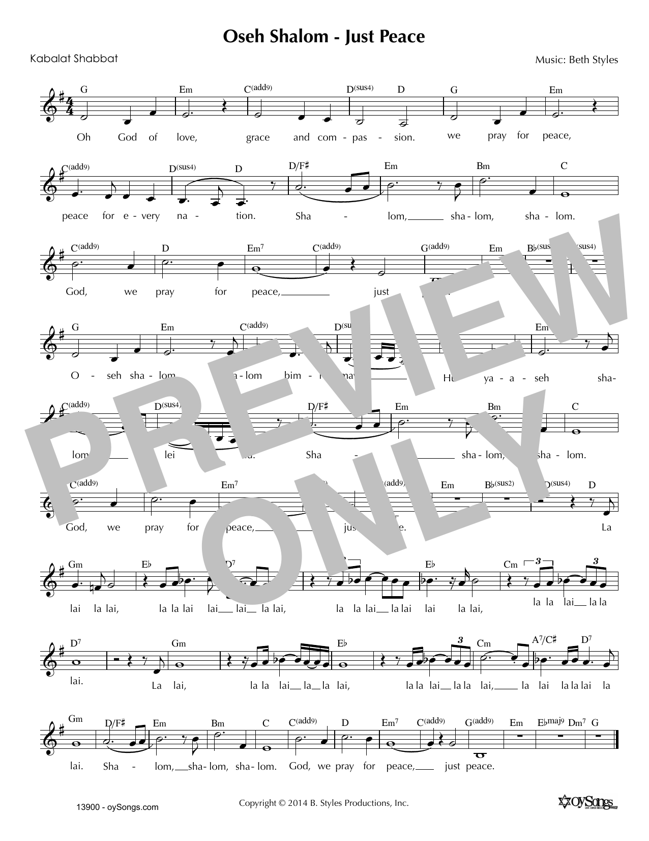 Beth Styles Oseh Shalom - Just Peace Sheet Music Notes & Chords for Melody Line, Lyrics & Chords - Download or Print PDF