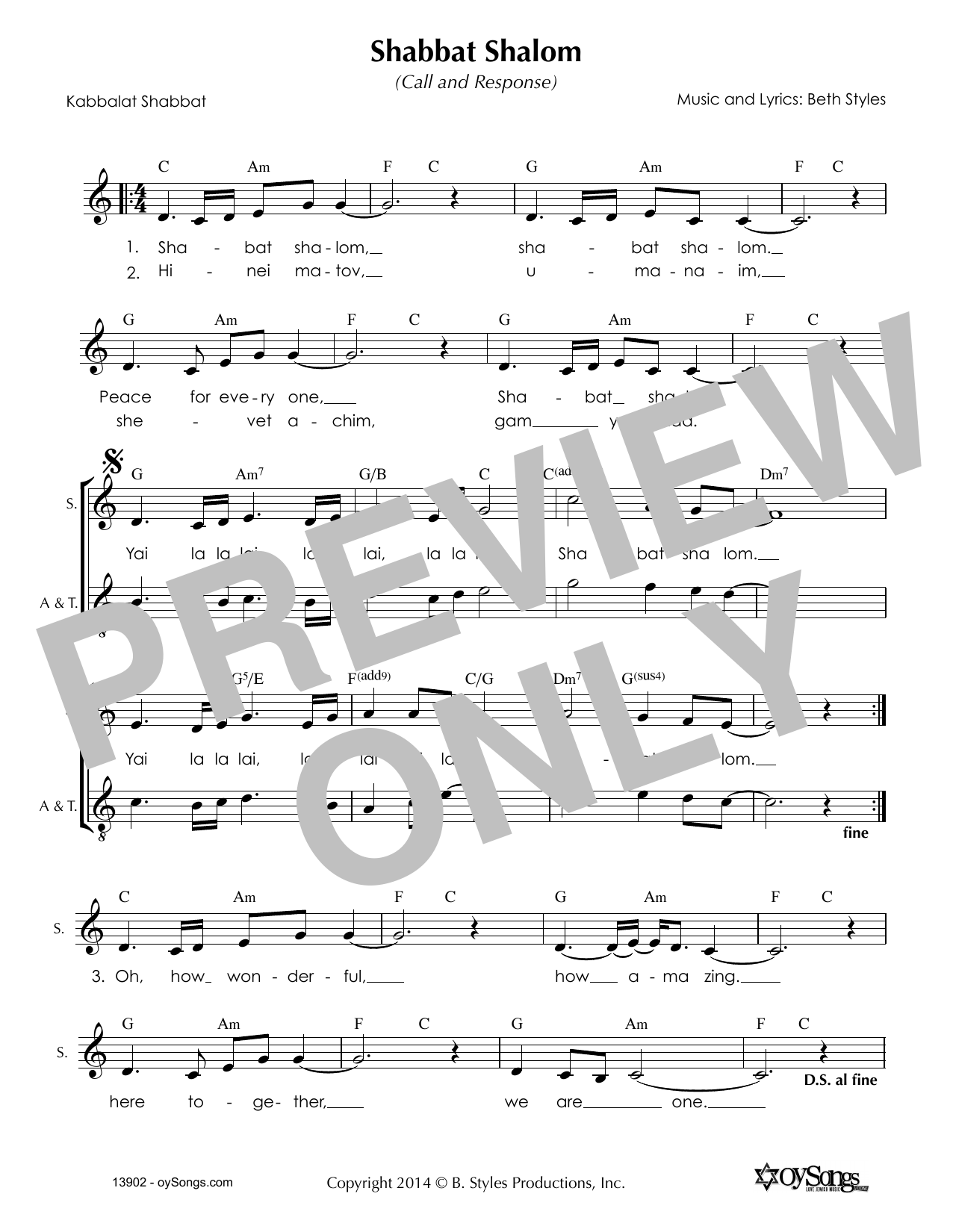 Beth Styles Shabbat Shalom (2part) Sheet Music Notes & Chords for Melody Line, Lyrics & Chords - Download or Print PDF