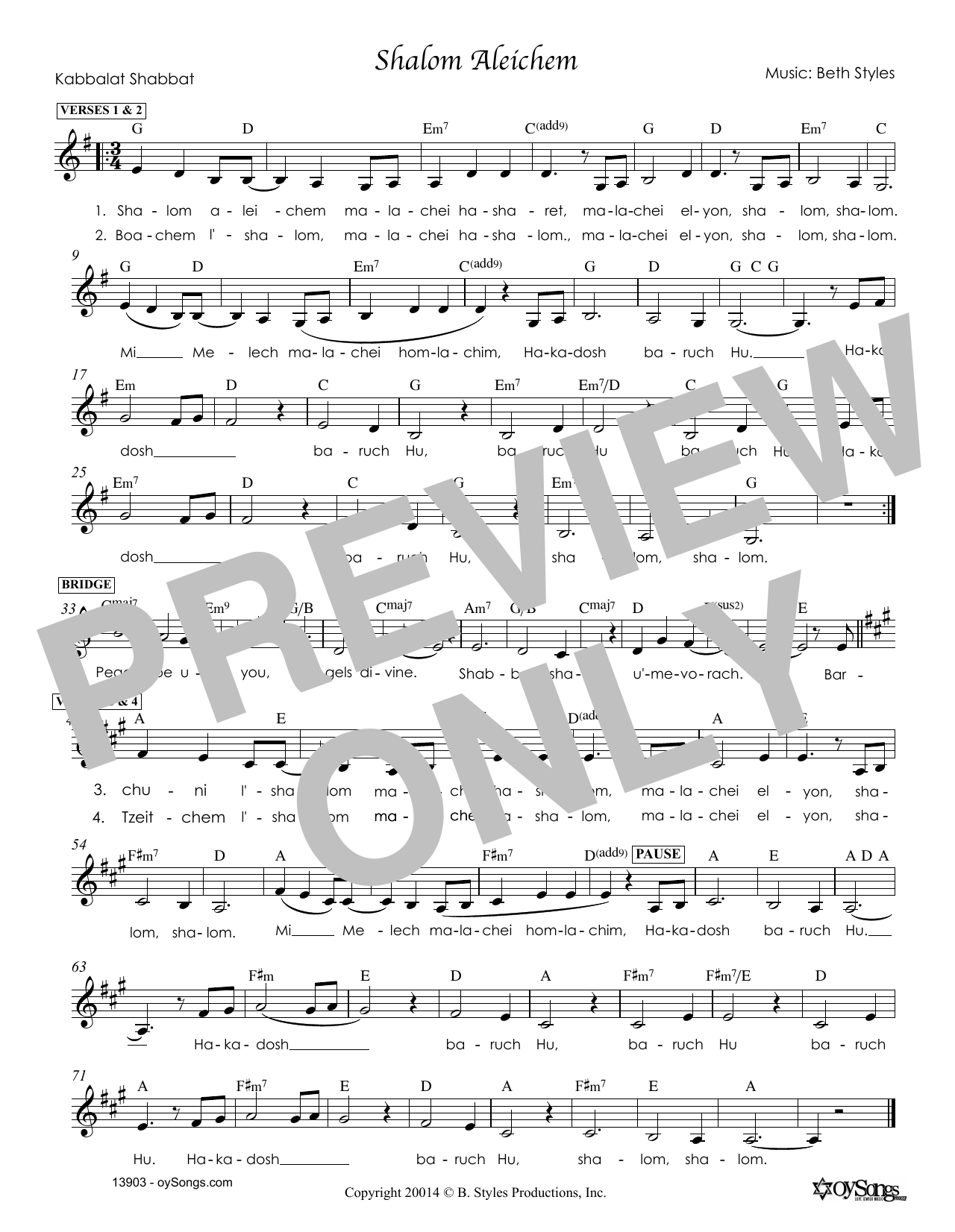 Beth Styles Shalom Aleichem Sheet Music Notes & Chords for Melody Line, Lyrics & Chords - Download or Print PDF