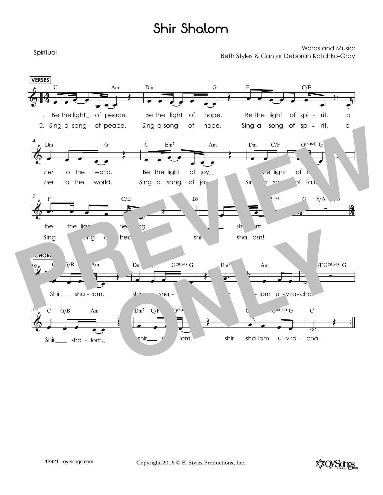 Beth Styles Shir Shalom Sheet Music Notes & Chords for Melody Line, Lyrics & Chords - Download or Print PDF